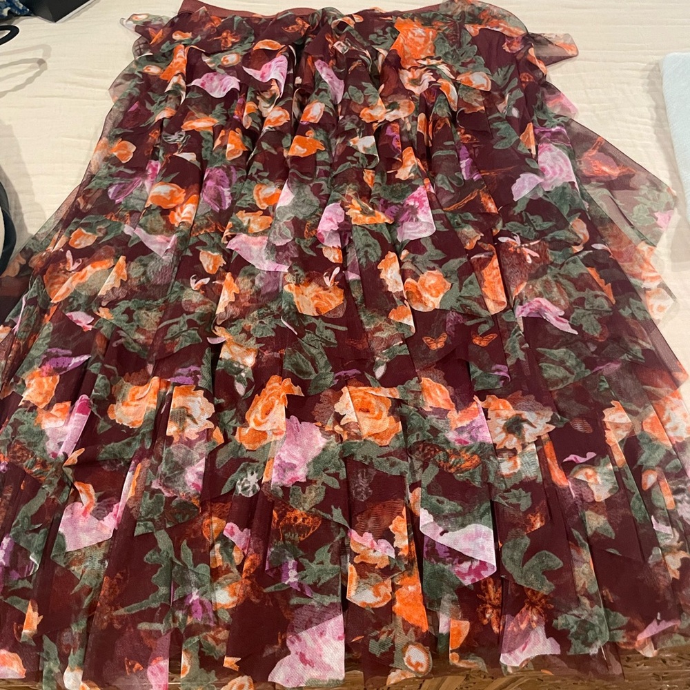 Anthropologie Burgundy Floral Midi Skirt
